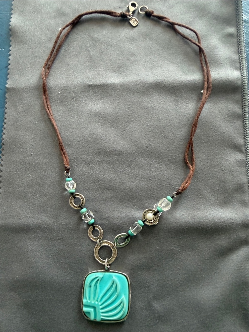 Silpada Carved Turquoise with Brown Cord Pendant Necklace